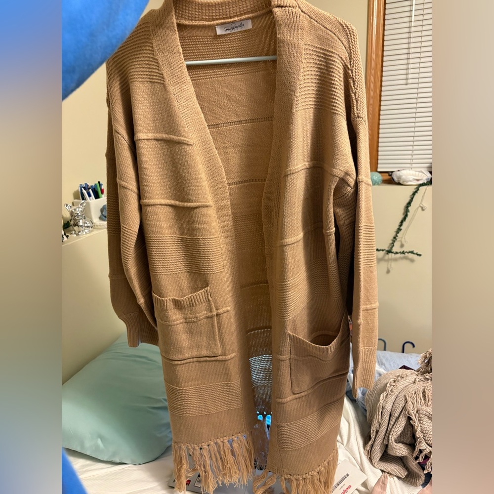 Magnolia Boutique Textured Fringe Pockets Long Cozy Knit Tan Cardigan Sweater
